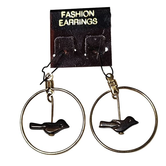 Boho Chic Gold Tone Hoop Earrings Wooden Bird Charms Fashion Jewelry Women - Picture 1 of 5